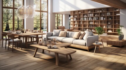Interior design of modern scandinavian apartment, living room and dining room. created with generative ai.