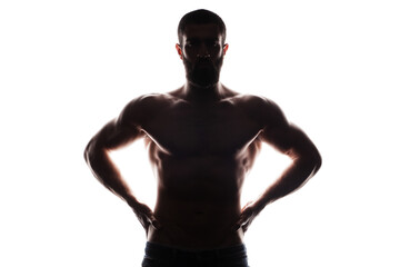 Silhouette of young athlete bodybuilder man isolated over white background