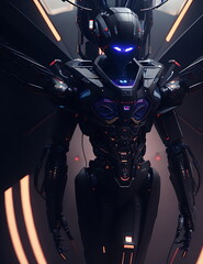 3d rendering humanoid robot working in a dark space. Futuristic technology concept