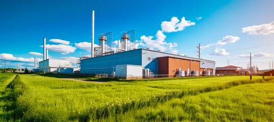 Hydrogen power plant, large steel tanks and pipes, wide angle photo, sunny green grass field foreground. Clean H2 energy concept as imagined by Generative AI