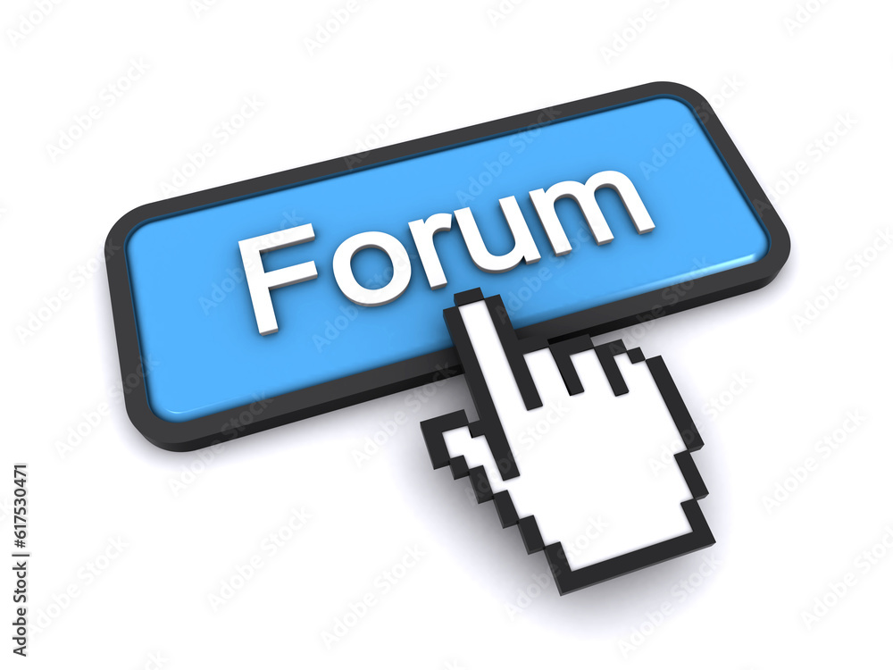 Poster cursor clicking on the forum button (3d render)