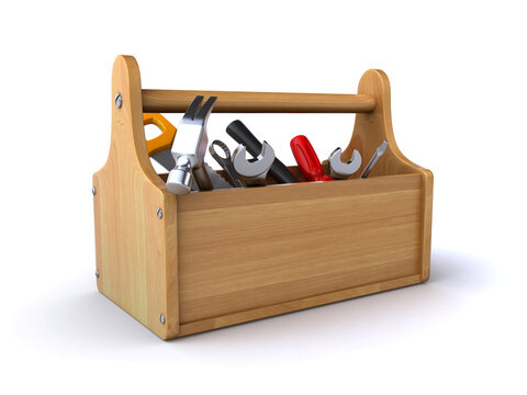Wooden toolbox full of tools on the white background (3d render)