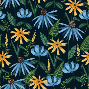 Seamless pattern with simple wild flowers. Vector. © Yumeee