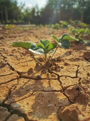 strawberry plant in dried cracked mud. dry season for fruit growers