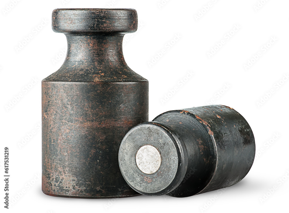 Poster lying and standing old rusty weights isolated on white background