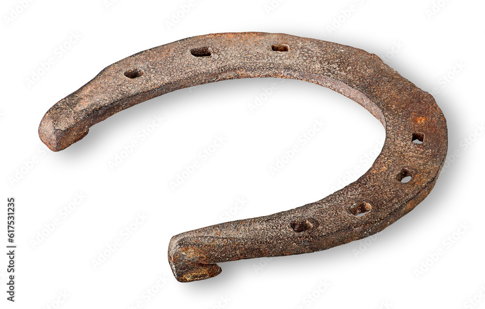 Poster old rusty horseshoe horizontally inverted isolated on white background
