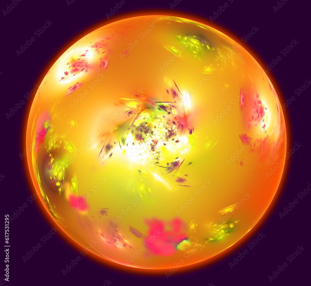 Poster abstract sphere resembling mars planet with an atmosphere in dark space. fractal art graphics.