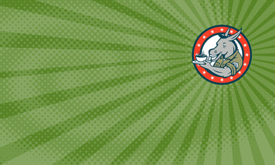 Business card showing Illustration of a donkey army sergeant smiling holding cup and saucer drinking coffee viewed from the side set inside circle with stars done in cartoon style.