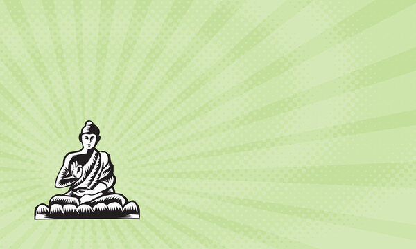 Business card showing Illustration of a Gautama Buddha, Siddhartha Gautama, Shakyamuni Buddha in lotus position viewed from front set on isolated white background done in retro woodcut style.