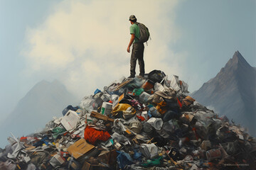 A tourist on top of a mountain of garbage among the mountain peaks