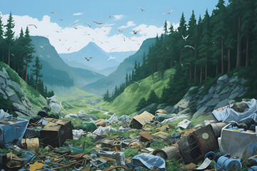 Waste in a mountain valley between green wooded hills.