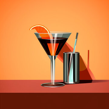 digital art illustration with strong lines of tini cocktail with slice of orange. Orange background