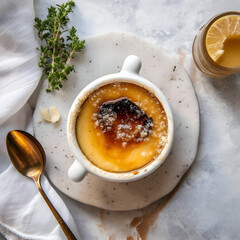 Creme brulee dessert sugar melted in a white cup on white marble background