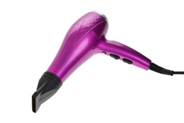 Purple hair dryer with nozzle. isolated on white background. - obrazy, fototapety, plakaty