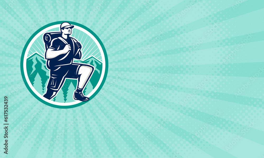 Poster business card showing illustration of a hiker hiking walking striding facing front with trees and mo