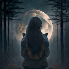 a girl with long dark hair stands with her back in the forest with a full moon bears cling to her hands from both sides 