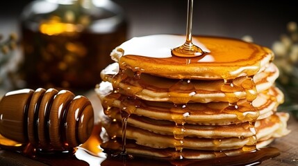 
pancakes with honey. Lots of fritters on the plate. Hot pastries for breakfast. Against the background of the kitchen. flour high-calorie product, Shrovetide. Generative AI