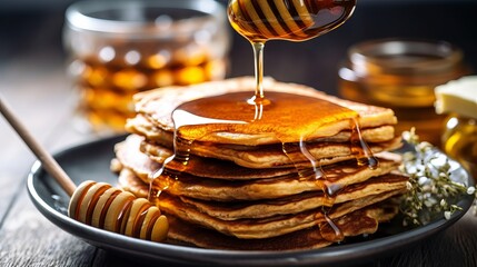 
pancakes with honey. Lots of fritters on the plate. Hot pastries for breakfast. Against the background of the kitchen. flour high-calorie product, Shrovetide. Generative AI