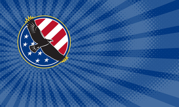 Business card showing Illustration of a bald eagle soaring flying with american USA stars stripes flag set inside circle on isolated background done in retro style.