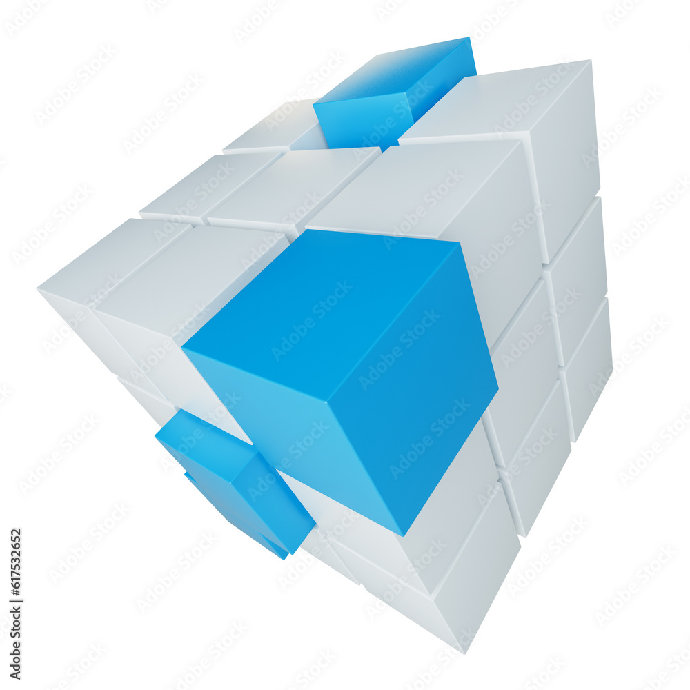 Poster abstract 3d illustration of cube assembling from blocks. isolated on white. template for your design
