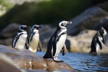 Penguins on the on the rocks on the seashore in the wild. Generative AI.