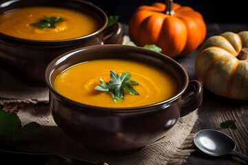 Two bowls of pumpkin soup on the table, close up view. Generative AI.