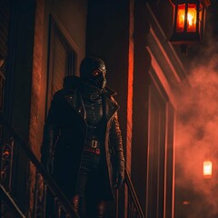 A man wearing a black gimp mask with a zipper on the mouth black leather trench coat black turtle neck black gloves black pants and Vietnam era combat boots standing on a fire escape of an apartment 