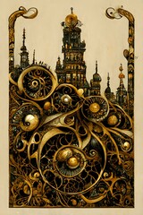 tarot card gothic black and dark gold art deco large P letter2 ornamental designed pattern steampunk city 4 high fantasy art nouveau intricate detail photorealistic 