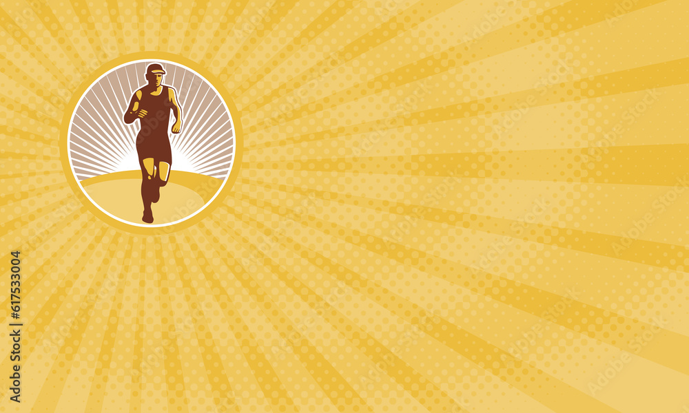 Poster business card showing illustration of marathon triathlete runner running facing front view set insid