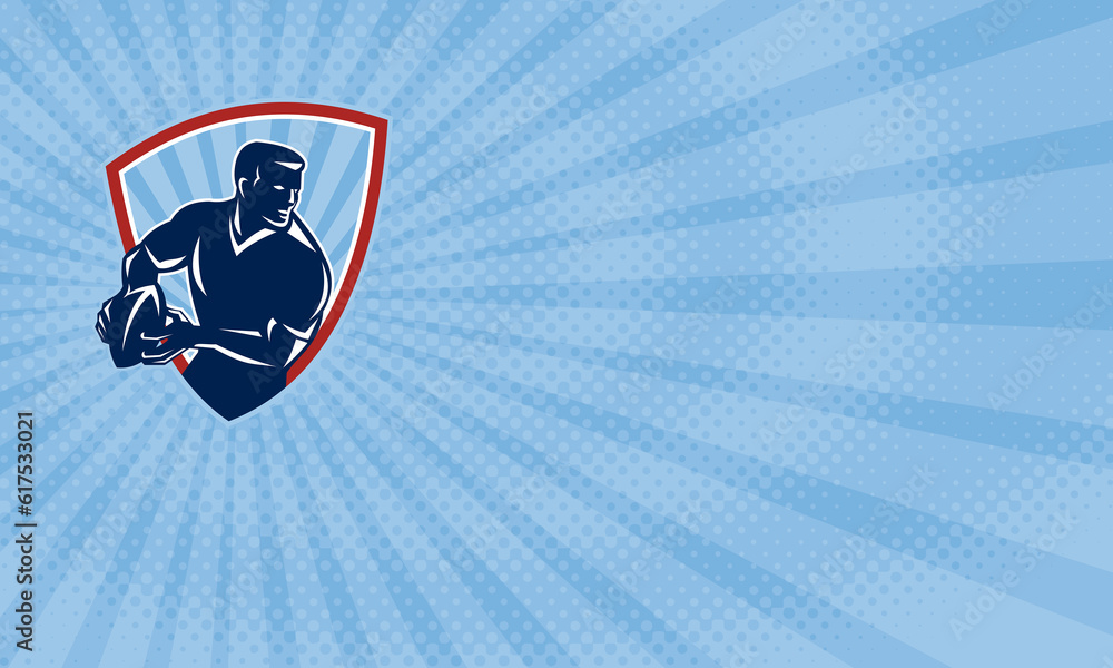Poster business card showing illustration of a rugby player running about to pass the ball done in retro st