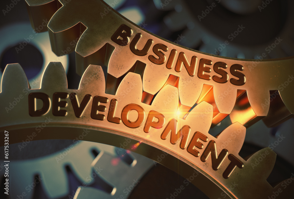 Poster business development on mechanism of golden gears with glow effect. business development golden meta