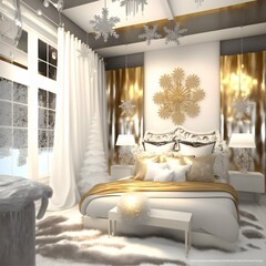 a ridiculous luxury bedroom with 20 foot ceilings and the theme is silver and gold winter very modern and clean mixed with Japanese style lines White felt throw pillows with silver and gold 