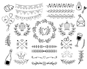 Hand Drawn Wedding Graphics Set Vector Cutting Files Marriage Love Engagement Party Hearts Doodle Ribbons Borders Wreath Floral Flower Drawing Collection Transparent Isolated Illustrator PNG JPG SVG