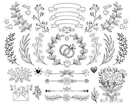 Hand Drawn Wedding Graphics Set Vector Cutting Files Marriage Love Engagement Party Hearts Doodle Ribbons Borders Wreath Floral Flower Drawing Collection Transparent Isolated Illustrator PNG JPG SVG