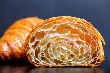 close-up of two croissants, one cut in half with inside texture visible, delicious french pastry - obrazy, fototapety, plakaty