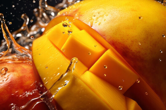 Fresh yellow ripe cut mango closeup and water splash