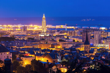 Panorama of Le Havre at night. Le Havre, Normandy, France.