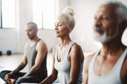 Group of mixed race smiling people practicing yoga in the gym, close up