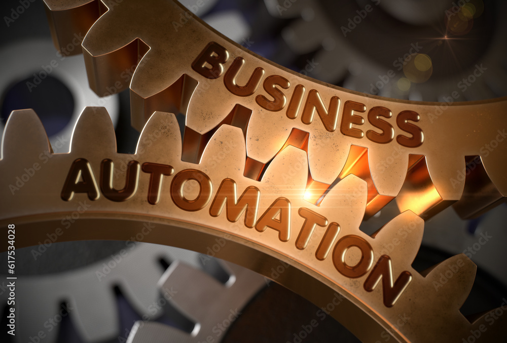 Poster golden metallic gears with business automation concept. business automation on the golden metallic c