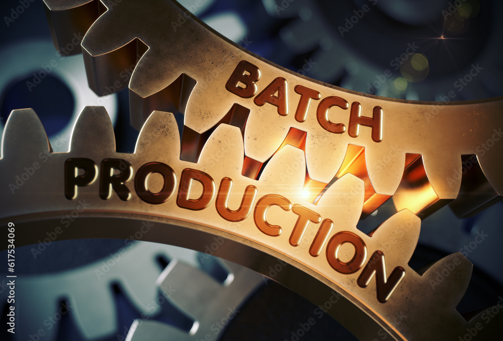 Poster batch production on the mechanism of golden cogwheels. batch production - industrial illustration wi