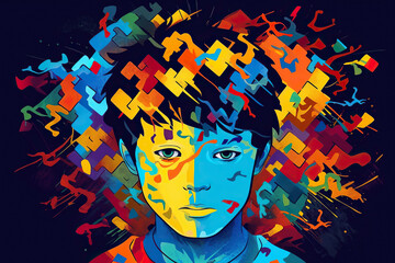 Artistic Colorful Portrait of Child Boy. Autism Awareness Day, Neurodiversity.