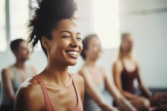 Group of mixed race smiling women practicing yoga in the gym close up