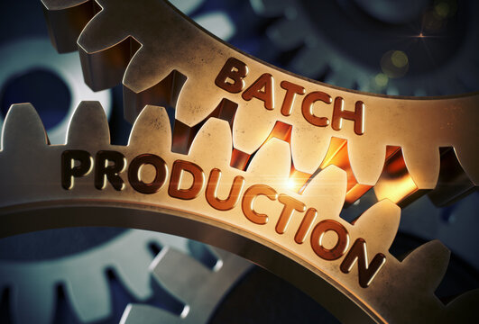 Batch Production on the Mechanism of Golden Cogwheels. Batch Production - Industrial Illustration with Glow Effect and Lens Flare. 3D Rendering.