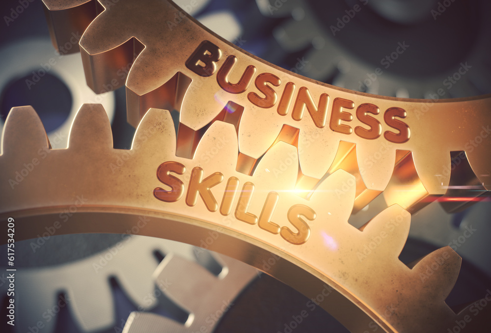 Poster business skills on the mechanism of golden metallic gears. business skills on mechanism of golden me