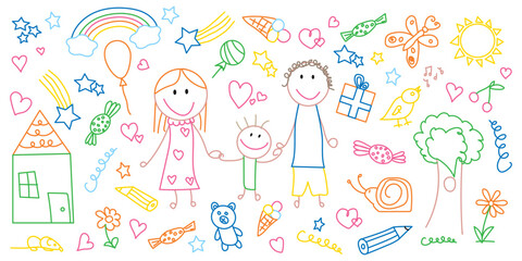 Funny colorful doodle family set. Mom, dad, kid, toys. Hand drawn line childish background. Happy childhood concept