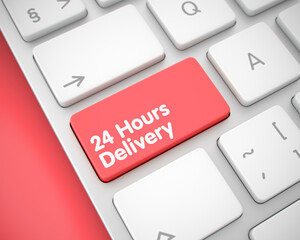 Fototapeta premium Laptop Keyboard Keypad Showing the Text 24 Hours Delivery. Message on Keyboard Red Button. A Keyboard with a Red Button - 24 Hours Delivery. 3D Render.