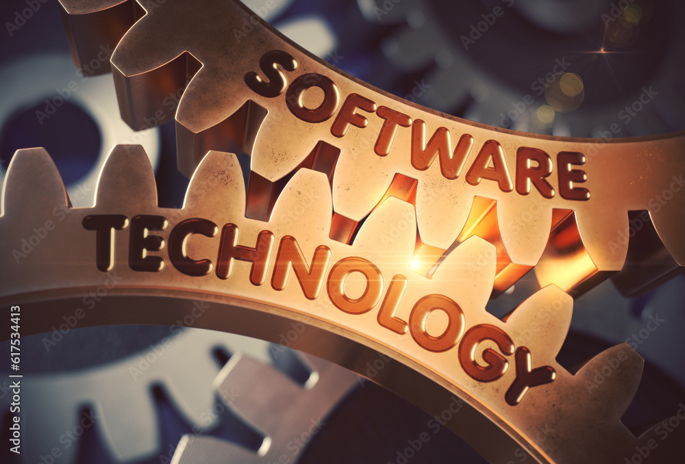 Poster golden metallic gears with software technology concept. software technology - concept. 3d rendering.
