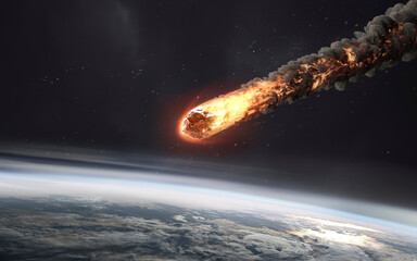 Obraz na płótnie Canvas 3D illustration of A minute before the collision of the meteorite and the planet Earth. 5K realistic science fiction art. Elements of image provided by Nasa