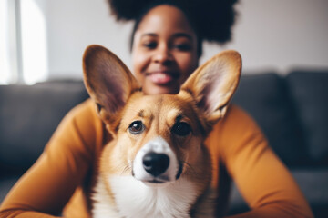 Young smiling african american woman sitting on the sofa with her dog welsh corgi