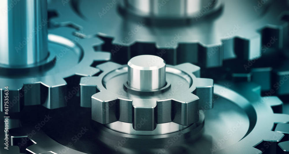 Poster 3d illustration of many gears with blur effect. horizontal image